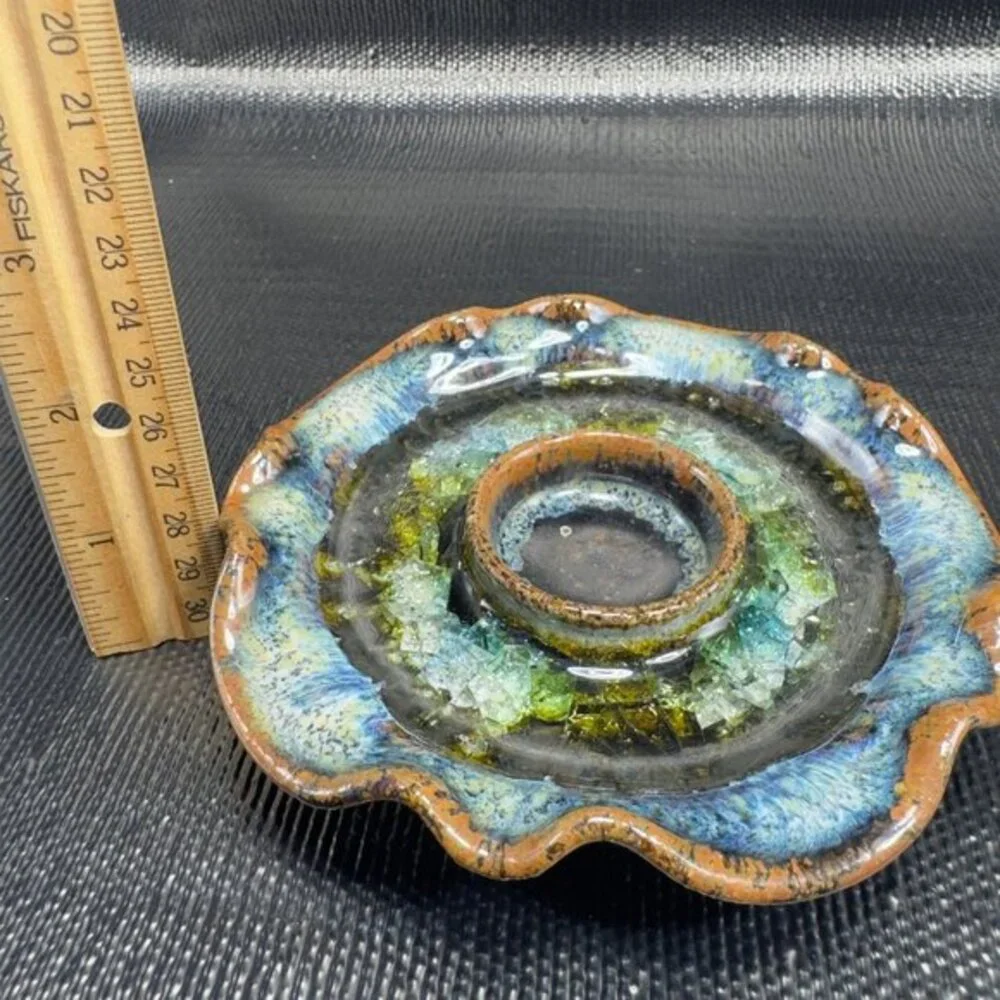 Crystalline Glaze Pottery Ruffle Edge Trinket Dish Tea Light‎ Holder Votive USA